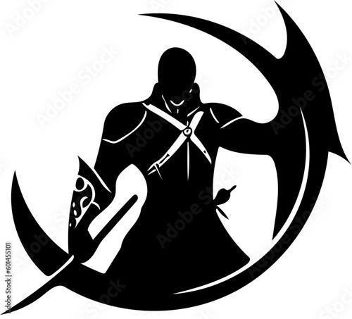 Warrior logo design in black color, vector illustration of a swordsman 