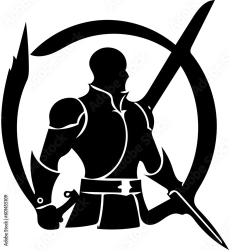 Warrior logo design in black color, vector illustration of a swordsman 