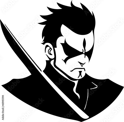Warrior logo design in black color, vector illustration of a swordsman 