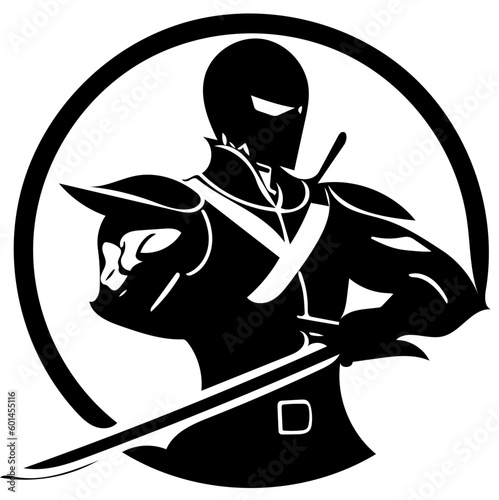 Warrior logo design in black color, vector illustration of a swordsman 