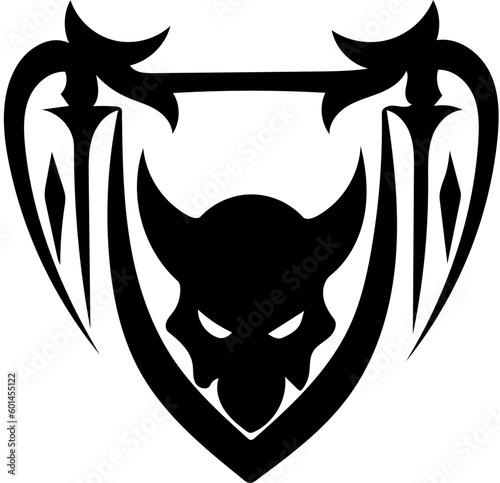 Warrior logo design in black color, vector illustration of a swordsman 