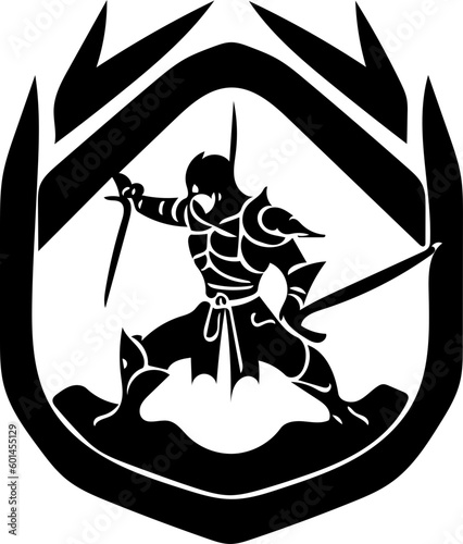 Warrior logo design in black color, vector illustration of a swordsman 
