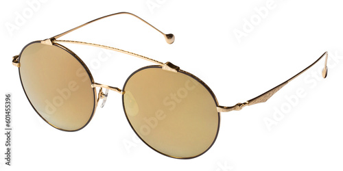Golden stylish fashion sunglasses, isolated on white background, cut out