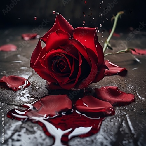 An ai generated single red rose in a puddle on a rainy day. 