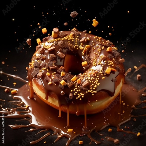 An ai generated close-up of a tasty glazed chocolate donut with crunchy chocolate and caramel topping with its sugary coating glistening in the light.