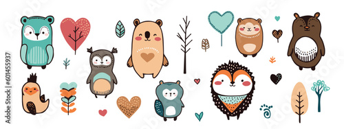 A set of cute cartoon animals. Vector flat images of animals for postcards, invitations, textiles, thermal printing, various types of printing.Print