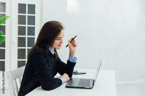 remote work woman with laptop via internet conversation online