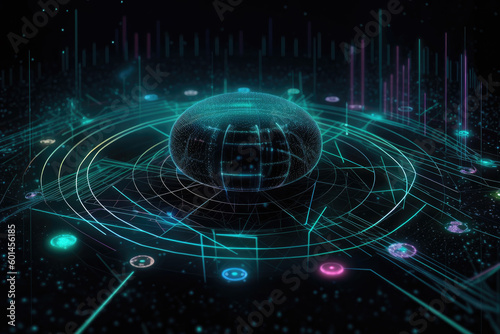 Abstract circular futuristic cpu or data center with connecting dots and glowing lines, Big data analytics, created with Generative AI