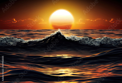 Beautiful sunset on the sea. Reflection of the sunset in the water. Generative Ai