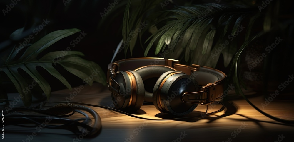 Fototapeta premium Soundscapes Unveiled: AI-Crafted Close-Up of Headphones for Musical Listening