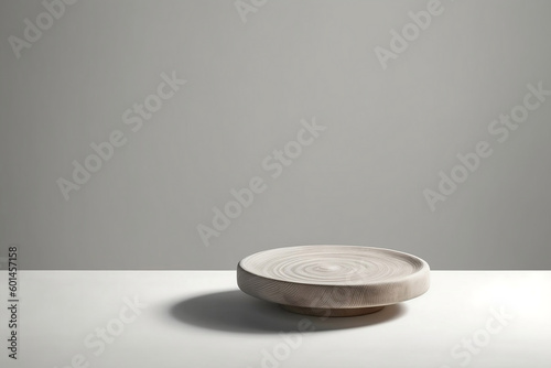 Modern, minimal round wooden podium tray on concrete table counter for luxury beauty, cosmetic, organic, nature, health, fashion, food product display