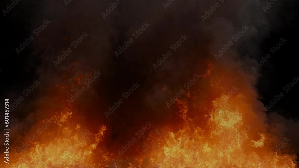 Video effect massive fire flames with smoke. 3d HQ looped animation in 4K resolution, 30fps with alpha channel (transparency).