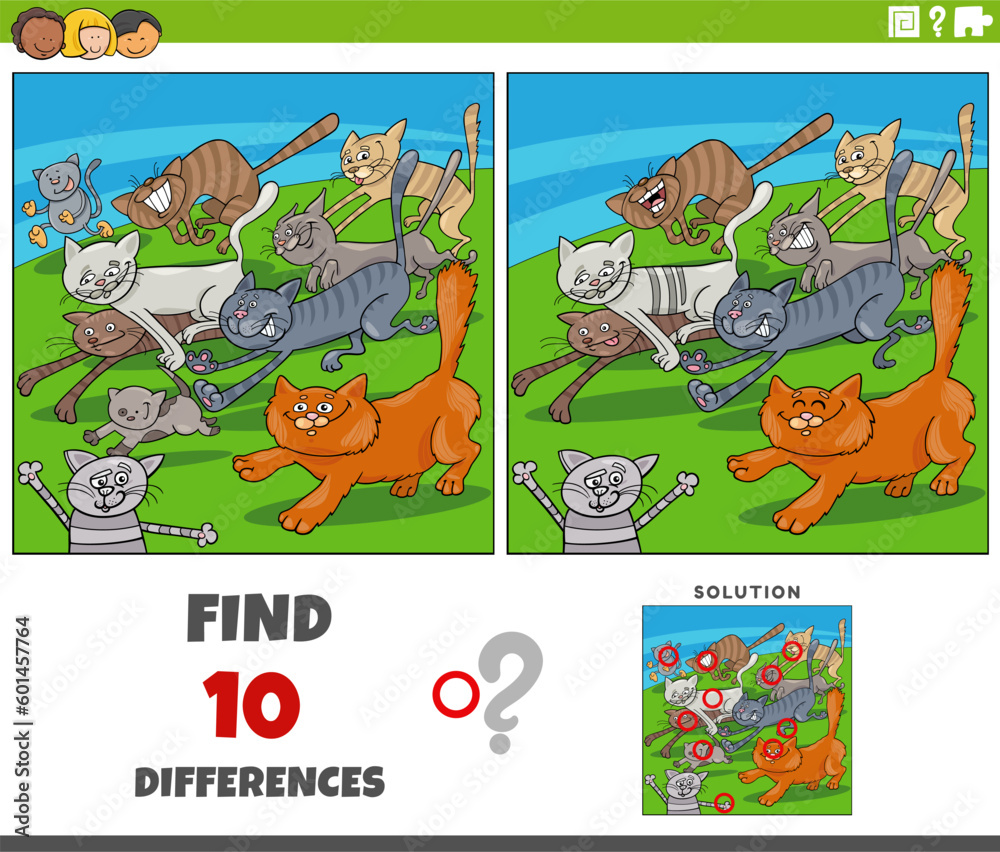 differences game with comic running cats characters group