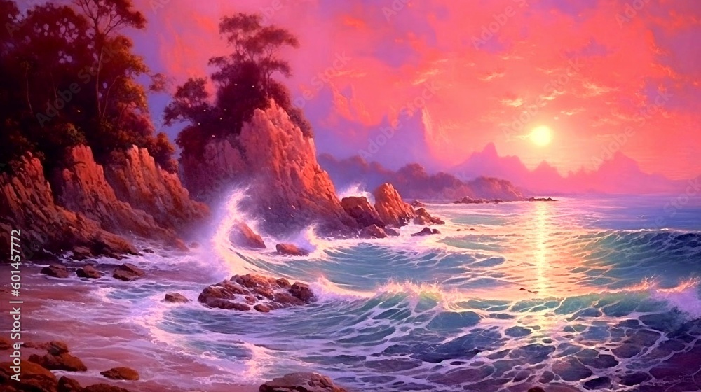 Fototapeta premium Sunset on the tropical beach, island, regenerative AI