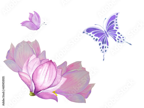 Watercolor composition of butterflies and flower. Hand-drawn illustration, isolated background. Suitable for wedding invitations, packaging, postcards and printed products.
