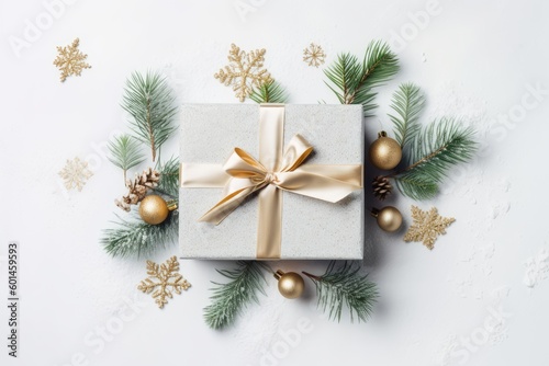 Charming image of a Christmas gift box, adorned with festive decorations and a bow, ready to spread joy and excitement during the holiday season. Generative AI.