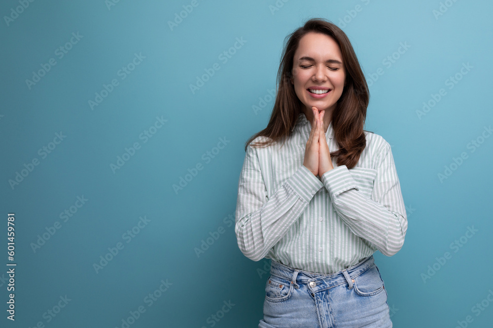 pretty young brunette woman in shirt on studio background pretty young brunette woman in shirt on studio background
