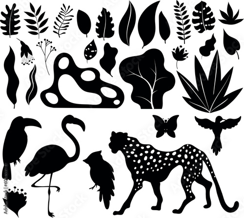 Tropical silhouettes set of toucan, flamingo, cheetah, parrot and exotic leaves.