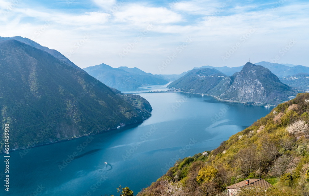 Panorama of lake Lugano with Monte San Salvatore from Monte Bre, Ticino, Switzerland