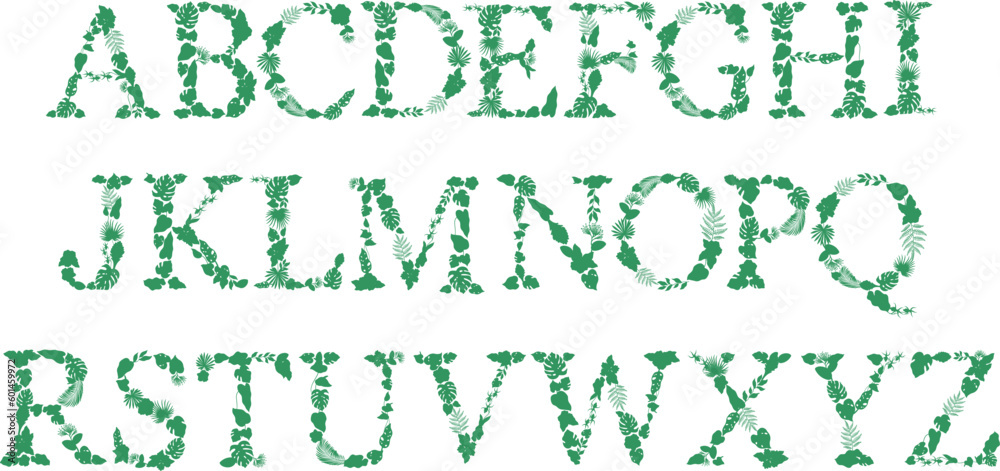 Font made with leaves, floral alphabet letters Font made with leaves, floral alphabet letters