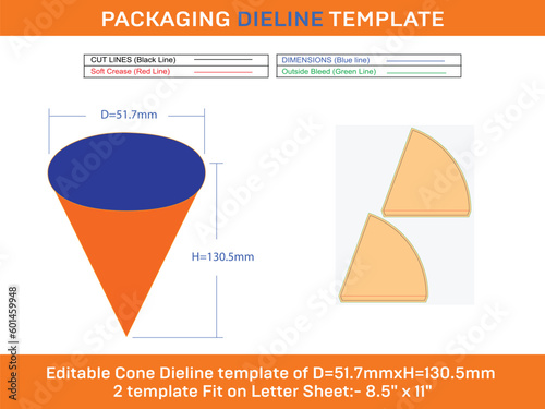 Sugar cone Ice cream dieline template D 51.7xH 130.5 mm