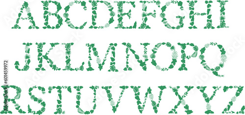 Font made with leaves, floral alphabet letters