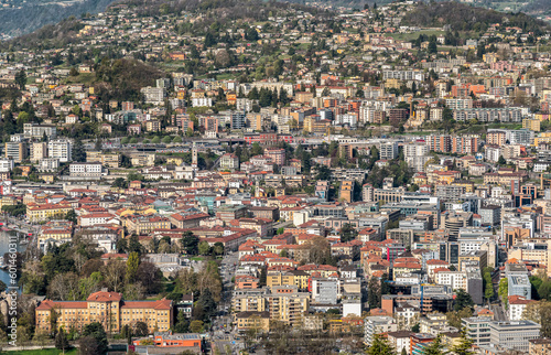 Top view of the Lugano city, Ticino, Switzerland. Architectural background. © EleSi
