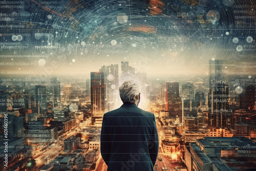 Wise businessmen think from afar in office buildings.(Generative AI)