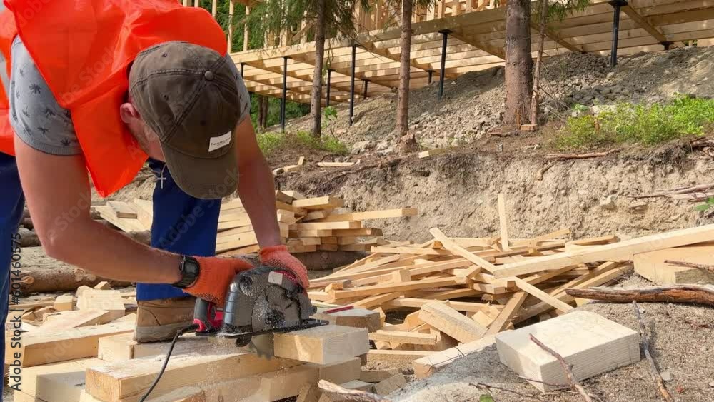 Carpenter using circular saw for cutting wooden plank. Close up of man worker building wooden frame house. Carpentry concept. Carpenter using circular saw for cutting wooden plank. Close up of man worker building wooden frame house. Carpentry concept.