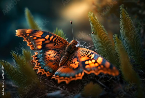 A butterfly landing on a plant. Created with Generative AI.