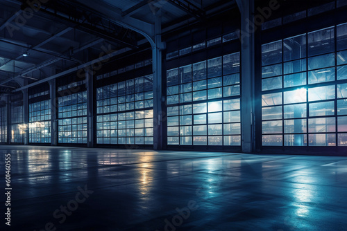 interior big warehouse with windows at night, AI generative