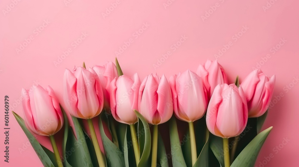 Bouquet of pink tulips on pastel pink background. Horizontal background design with copy space. Generative AI.