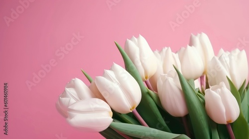 Bouquet of white tulips on pastel pink background. Horizontal background design with copy space. Generative AI.