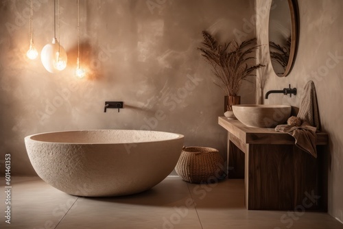 Elegant 3D Rendered Bathroom, Fusing Boho Design with Japandi Aesthetics for a Unique Ambiance.... photo