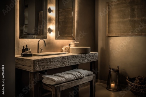 3D Render of a Tranquil Designer Bathroom with Boho Design  Freestanding Bathtub  and LED Lighting.
