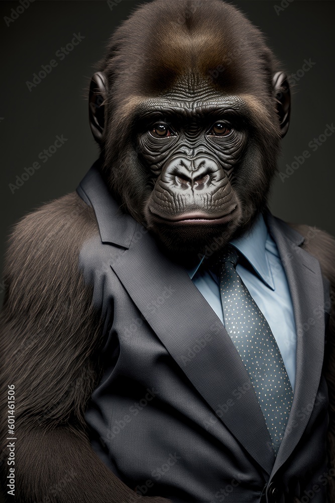 Portrait of baby gorilla in a business suit. Generative AI Portrait of baby gorilla in a business suit. Generative AI