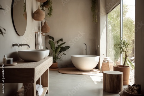 Stylish Bathroom Merging Japandi Simplicity  LED-lit Freestanding Tub  and Organic Elements.