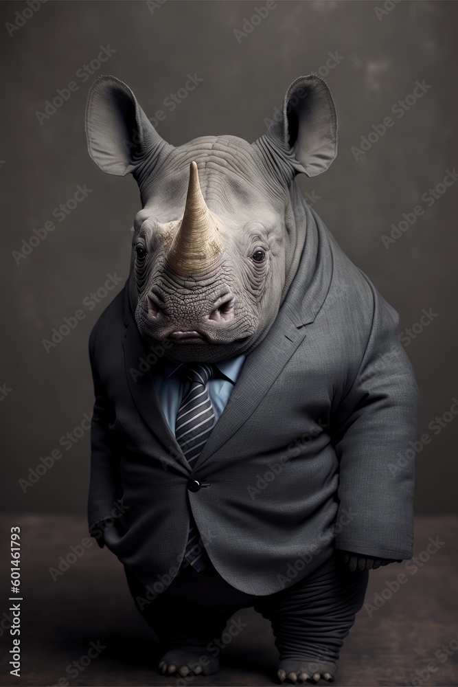 Portrait of baby rhinoceros in a business suit. Generative AI