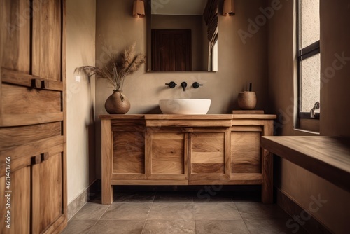 Close-up Details of a Serene Japandi Style Bathroom, Showcasing a Double Vanity and Natural Light.