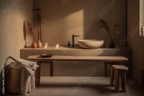 Close-up Details of a Stylish Bathroom  Merging Japandi Simplicity with Natural Light and a Luxurious Freestanding Tub.