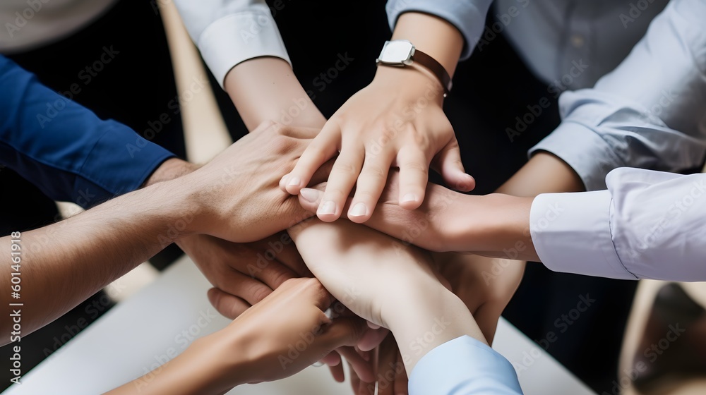 View of business partners hands on top of each other symbolizing teamwork View of business partners hands on top of each other symbolizing teamwork