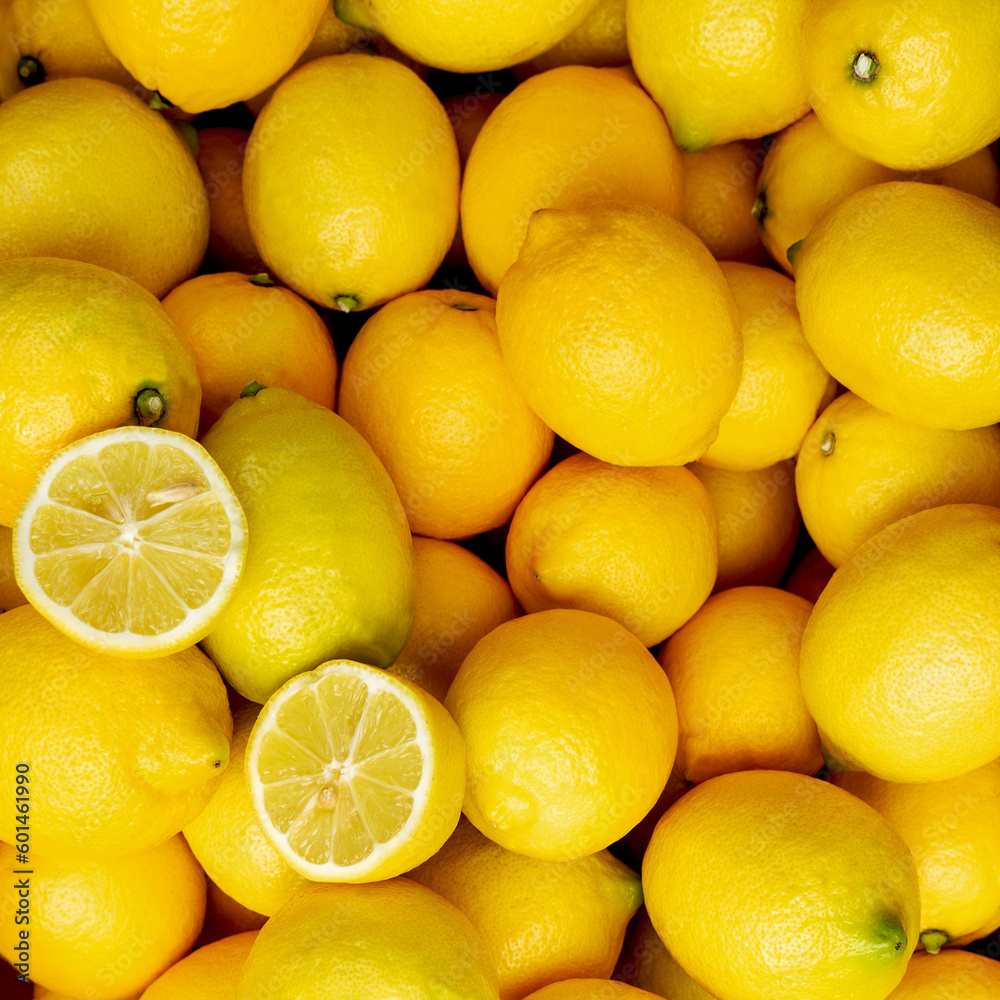 Fresh lemon fruits as a background, top view. Background of freshness lemons. Mediterranean diet, vitamin C. Lemon harvest, many yellow lemons. Fresh lemon fruits as a background, top view. Background of freshness lemons. Mediterranean diet, vitamin C. Lemon harvest, many yellow lemons.