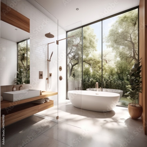 Modern Luxury Bathroom with Designer Touches  Freestanding Bathtub  and LED Lighting Accents..