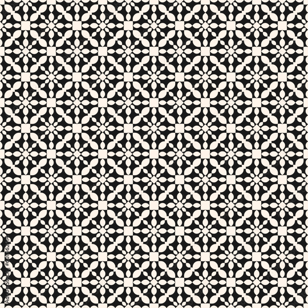 Vector ornamental seamless pattern. Simple black and white floral ornament with small curved shapes, grid, lattice, mesh, flower silhouettes, repeat tiles. Elegant monochrome background. Geo design Vector ornamental seamless pattern. Simple black and white floral ornament with small curved shapes, grid, lattice, mesh, flower silhouettes, repeat tiles. Elegant monochrome background. Geo design