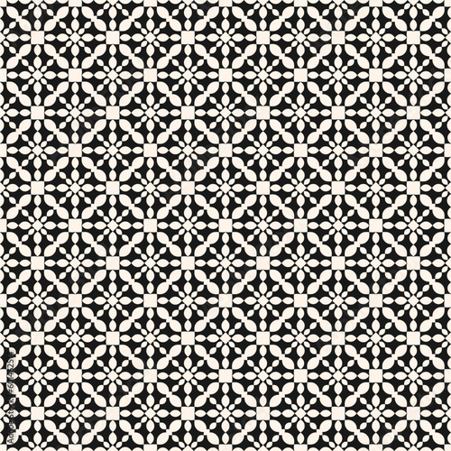 Vector ornamental seamless pattern. Simple black and white floral ornament with small curved shapes, grid, lattice, mesh, flower silhouettes, repeat tiles. Elegant monochrome background. Geo design