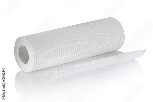 Roll of white disposable nonwoven fabric napkins isolated on white photo