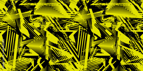 Abstract sport pattern. trendy vector seamless grunge background. Urban art texture with neon lines, triangles, chaotic brush strokes, ink, splatter. Grunge graffiti pattern. Black and yellow design