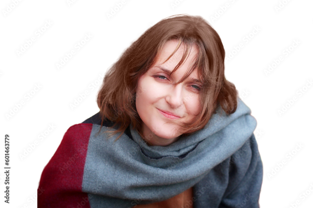 Woman wrapped in a scarf, isolated on a white background. Beautiful female portrait Woman wrapped in a scarf, isolated on a white background. Beautiful female portrait