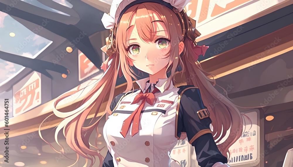 Japanese anime style girl in waiter costume. Japanese anime style girl in waiter costume.