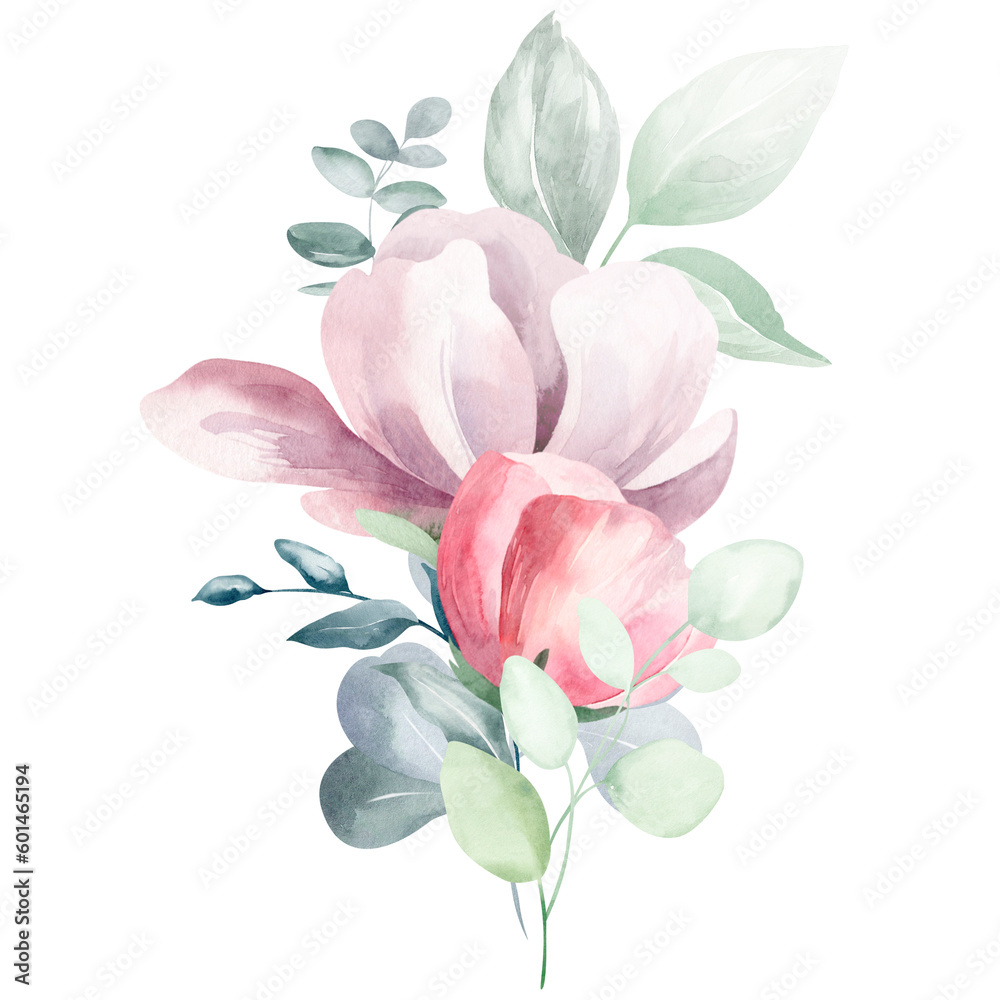 Fototapeta premium Set of illustrations of watercolor flower bouquet - pale pink, green, pink flower, green leaf leaves, branches of bouquets collection. Wedding stationery, congratulations, wallpapers, backgrounds